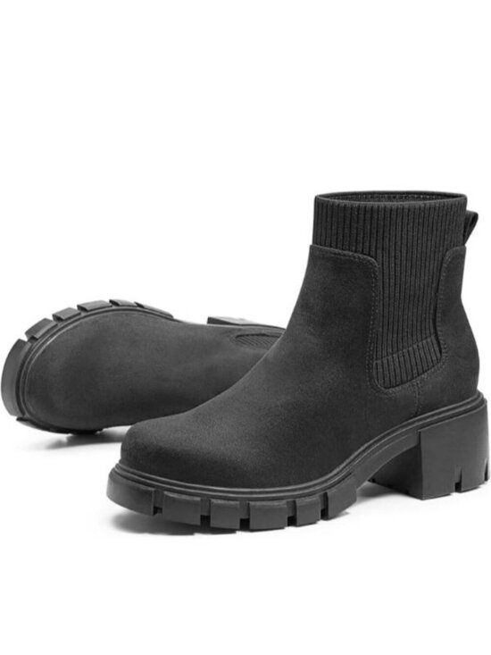 Shoes - Women's Ankle Boots Chelsea Mid Heel Elastic Chunky Heel Lug Sole Black Suede